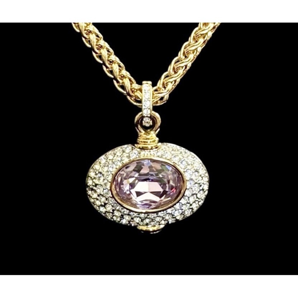 Nolan Miller Reversible Goddess Pendant Necklace 30" Pink Crystal Gold Signed
